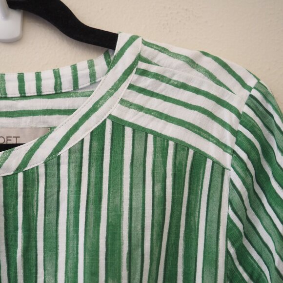 * LOFT Green Striped Tab Sleeve Button Flounce Dress sz L - Picture 5 of 6